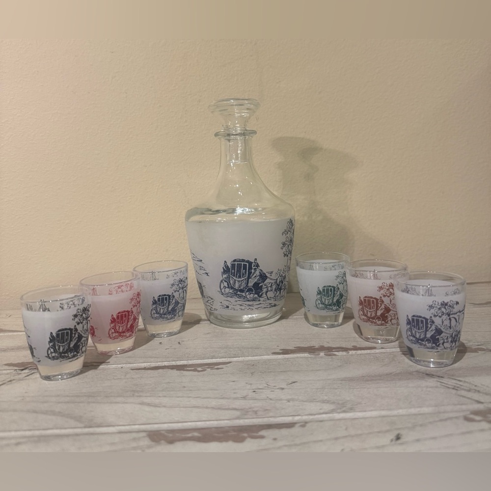 MCM French Toile Decanter & 6 Shot Glasses
